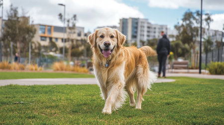 A joyful golden retriever walks through a vibrant park, showcasing a friendly demeanor. The sunny atmosphere highlights the dogの素材