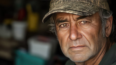 A close-up portrait of a weary factory worker showcasing intense emotion and resilience. The image captures the unique character and dedication in every detail.の素材