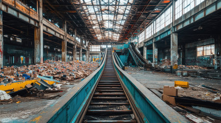 An expansive view of an abandoned warehouse featuring empty conveyor belts amid debris and rubble. The industrial decay highlights the contrast between its former functionality and current desolation.の素材