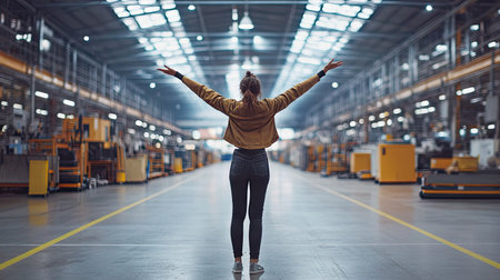 A factory worker stands with arms raised in celebration, symbolizing joy and relief after completing a long shift in an industrial setting.の素材