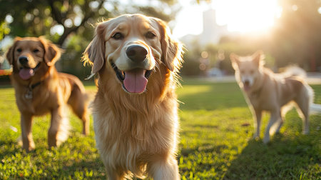 Cheerful dogs playfully roam a vibrant park, showcasing their friendly nature. A perfect scene for pet lovers enjoying outdoor time with their furry friends.の素材