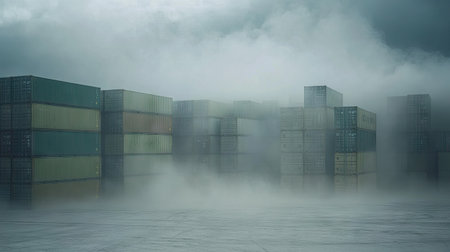 A misty scene featuring stacks of idle shipping containers in a shipping yard. The atmospheric conditions create a sense of isolation and abandonment.の素材