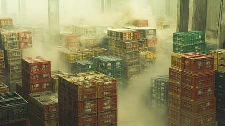 An industrial warehouse filled with tall stacks of colorful crates, shrouded in fog, showcasing the complexity of storage and logistics operations in an urban setting.の素材