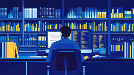 A researcher is engaged in data analysis on a computer in a modern workspace, surrounded by a library of books and digital information, emphasizing focus and technology.の素材