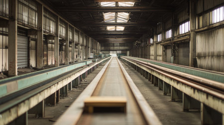 An empty warehouse interior featuring long conveyor belts, highlighting an industrial space that showcases construction and design elements in a large area.の素材