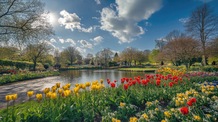 Experience the stunning beauty of Keukenhof with vibrant tulips blooming by a serene lake, set against a bright blue sky dotted with fluffy clouds.の素材