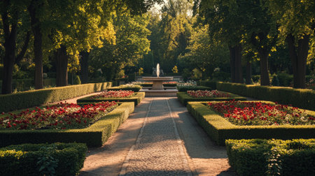 Discover a beautiful formal garden pathway in Stuttgart, Germany, featuring vibrant flowers, lush greenery, and a serene fountain at its center. Perfect for peaceful walks.の素材
