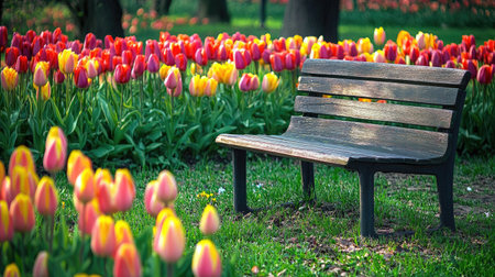 A serene park scene showcasing vibrant tulips in full bloom during spring, with a rustic bench inviting moments of relaxation amidst natureの素材
