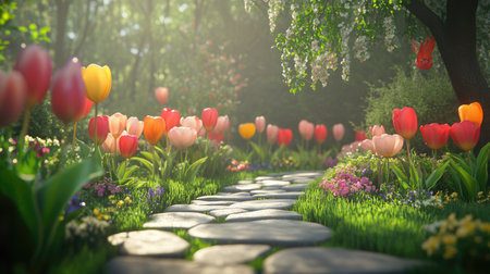 A stunning spring garden filled with vibrant tulips and colorful blossoms, offering a serene pathway that invites visitors to explore the beauty of nature.の素材