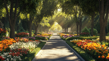 Experience a tranquil stroll through a vibrant flower park, illuminated by sunlight filtering through lush trees, showcasing nature's breathtaking beauty.の素材