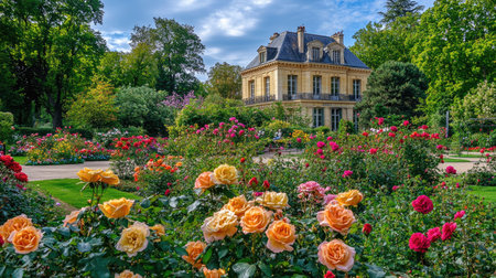 Scenic view of a beautiful rose garden featuring a charming house in the background. Vibrant blossoms create a serene ambiance, perfect for nature lovers.の素材