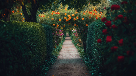 A charming garden path features a winding walkway flanked by vibrant flowers and lush greenery, offering a tranquil and inviting atmosphere for nature lovers.の素材
