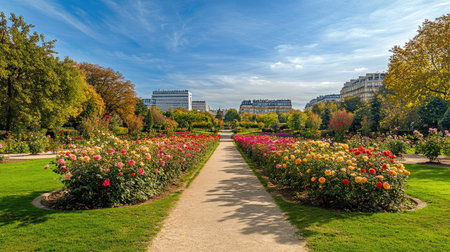 Experience a breathtaking view of a stunning rose garden filled with vibrant blooms, lush greenery, and a picturesque pathway under a clear blue sky.の素材