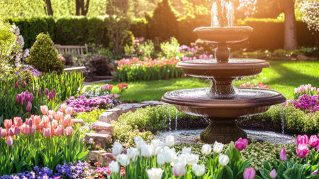 A captivating spring garden featuring a beautiful fountain surrounded by vibrant tulips and lush greenery, perfect for a serene outdoor escape.の素材