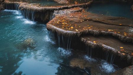 Experience the breathtaking view of Huai Mae Khamin waterfall, showcasing serene waters cascading over rocky platforms, surrounded by lush greenery.の素材