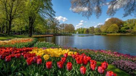 A vibrant display of multi-colored tulips in bloom surrounds a serene lake, capturing the essence of a beautiful spring day in nature.の素材
