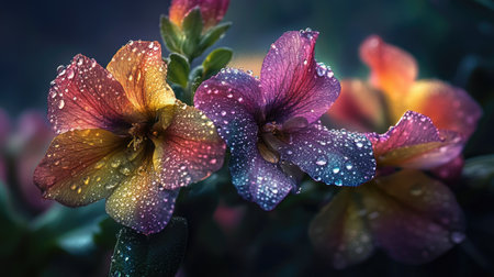 Experience the beauty of colorful flowers with droplets of water in a serene garden setting, showcasing nature's vibrant palette in stunning detail.の素材