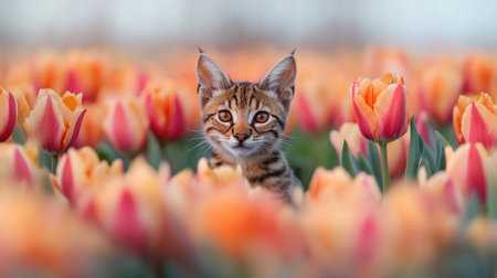 A delightful spring scene featuring a playful cat among vibrant tulips. This colorful image captures the essence of nature and beauty in bloom.の素材
