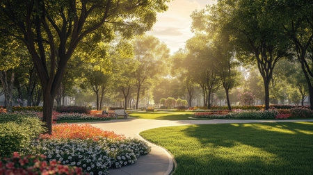 A picturesque view of a vibrant spring park filled with colorful flowers and sunlight filtering through the trees, creating a serene and inviting atmosphere.の素材