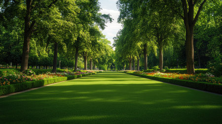 A serene view of a lush green park in Stuttgart, showcasing vibrant flowers and towering trees, perfect for relaxation and enjoying nature's beauty.の素材