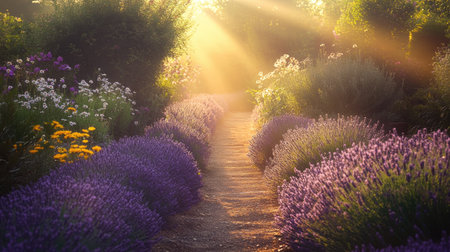 A tranquil garden walkway lined with vibrant lavender blooms, bathed in warm sunlight. The peaceful atmosphere invites moments of relaxation and reflection.の素材