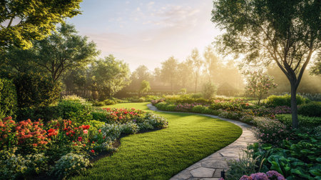 A serene morning scene in a peaceful garden, featuring vibrant flowers and lush greenery. Embrace the beauty of nature and tranquility in this picturesque landscape.の素材