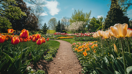 A vibrant pathway through a lively spring flower park, showcasing colorful blossoms like tulips and pansies under a bright blue sky, inspiring tranquility.の素材