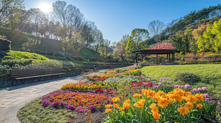 Experience a breathtaking spring scene surrounded by vibrant flowers in a picturesque garden. The sun shines brightly, creating a serene and inviting atmosphere.の素材
