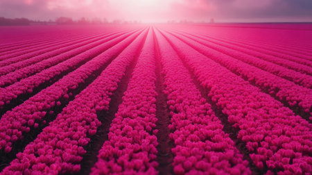 Experience a stunning panoramic view of vibrant pink tulip fields. This captivating landscape captures the essence of spring with colorful blooms stretching across the horizon.の素材