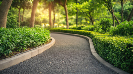 A serene pedestrian path meanders through lush greenery, offering a peaceful escape into nature. Sunlight filters through the trees, creating a tranquil atmosphere.の素材