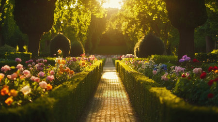 A picturesque garden pathway illuminated by soft sunset light, featuring vibrant flowers and lush greenery, creating a tranquil and serene atmosphere.の素材