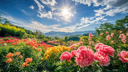 A stunning display of vibrant flowers in a picturesque garden, set against a backdrop of rolling hills and a bright blue sky. Perfect for nature lovers.の素材