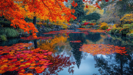 Experience the stunning beauty of Butchart Gardens in autumn, where colorful foliage reflects on serene waters, creating a tranquil, picturesque scene.の素材