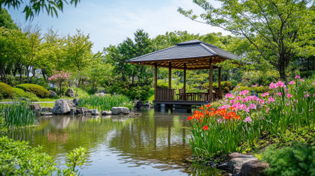 Enjoy a serene spring day in a peaceful garden featuring vibrant flowers and a charming gazebo beside a tranquil pond, perfect for relaxation and reflection.の素材
