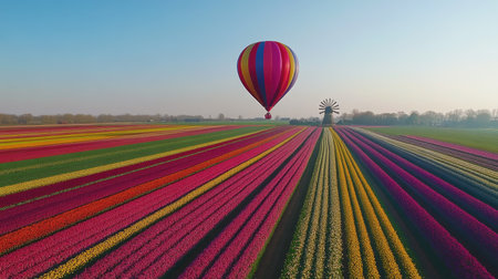 Experience the stunning beauty of a Dutch tulip field adorned with vibrant colors, complemented by a scenic hot air balloon ride amidst a tranquil landscape.の素材