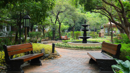 Discover a serene rustic garden park adorned with lush greenery, featuring a charming fountain and inviting benches for relaxation and tranquility.の素材