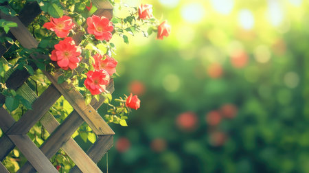 A picturesque scene featuring vibrant red roses climbing on a wooden trellis, bathed in soft sunlight. Ideal for garden and nature-themed projects.の素材
