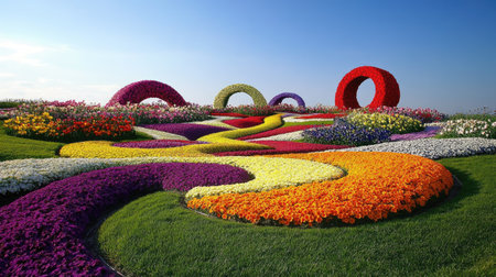 Experience a breathtaking spring garden filled with vibrant flower beds and artistic designs, creating a picturesque landscape under a clear blue sky.の素材