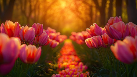 Experience the beauty of a tulip-lined lane at Keukenhof Gardens, bathed in golden sunlight, showcasing vibrant blooms and a serene natural landscape.の素材