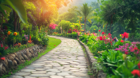 A picturesque winding pathway adorned with vibrant flowers and lush greenery, inviting visitors to explore the serene beauty of nature in a tranquil setting.の素材