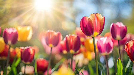 Explore a vibrant field of tulips basking in serene sunlight. This colorful scene captures the beauty of nature during a joyful spring day, perfect for uplifting visuals.の素材