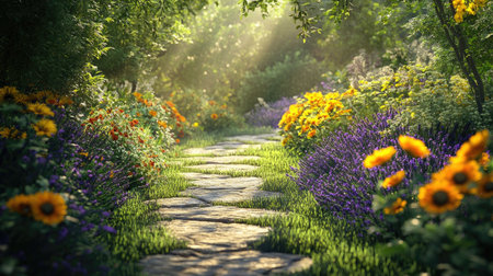 A serene garden pathway bordered by vibrant flowers, featuring sunlight filtering through the foliage, creating a tranquil outdoor space perfect for relaxation and beauty.の素材