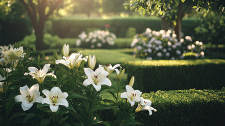 A serene garden scene bursting with vibrant lilies, bathed in soft sunlight. Experience the tranquil beauty of nature in this picturesque outdoor setting.の素材
