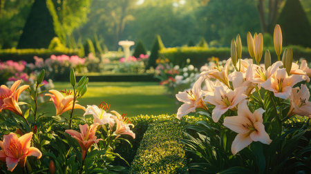 A serene garden scene bursting with colorful lilies and vibrant blooms. The lush greenery and gentle sunlight create a peaceful atmosphere, ideal for relaxation.の素材