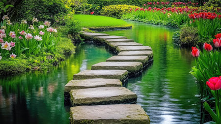 A serene stone walkway leads through a vibrant garden, surrounded by colorful tulips and lush greenery, creating a tranquil atmosphere near the water.の素材