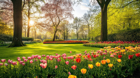 Experience the beauty of spring with vivid flowers blooming in a serene park. This image captures the breathtaking colors and lush greenery, inviting tranquility and joy.の素材