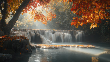 Experience the serene beauty of autumn at Huai Mae Khamin Waterfall, where vibrant foliage meets tranquil waters, creating a stunning natural scene.の素材