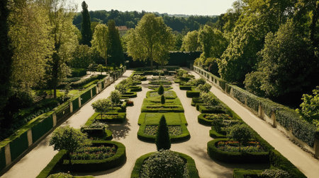 A stunning overview of a meticulously landscaped garden, showcasing vibrant greenery and symmetrical designs that create a peaceful outdoor retreat.の素材