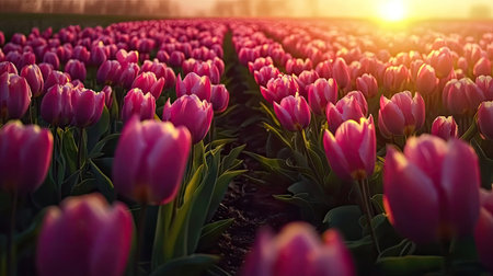 Experience the breathtaking beauty of blooming pink tulips at sunset, capturing vibrant colors and tranquility in this serene floral landscape. Perfect for nature lovers!の素材