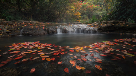 Experience the tranquil autumn scene at Huai Mae Khamin, where vibrant leaves float serenely on water. A perfect harmony of nature and peace.の素材
